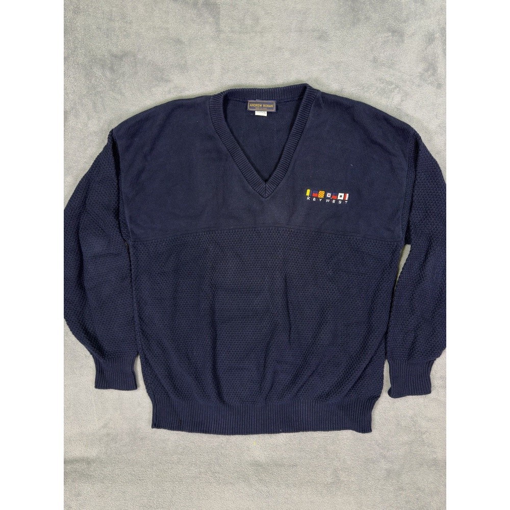 Vintage‎ Andrew Rohan Sweater Mens XL Blue Navy Chunky Knit V-Neck Made In USA